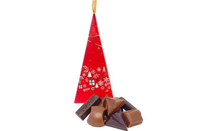 Boule de Noel avec billes de chocolat bio lait, noir et blanc